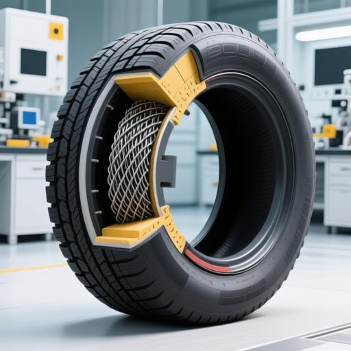 轮胎内部结构剖面图，显示钢丝帘线、橡胶复合层、胎面花纹，背景为技术实验室调试场景