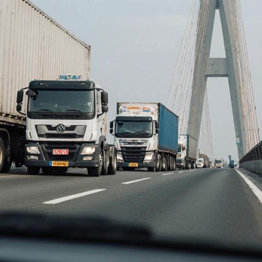 东南亚热带气候下的货运卡车驶过高速桥梁，车牌显示马来西亚，轮胎特写清晰