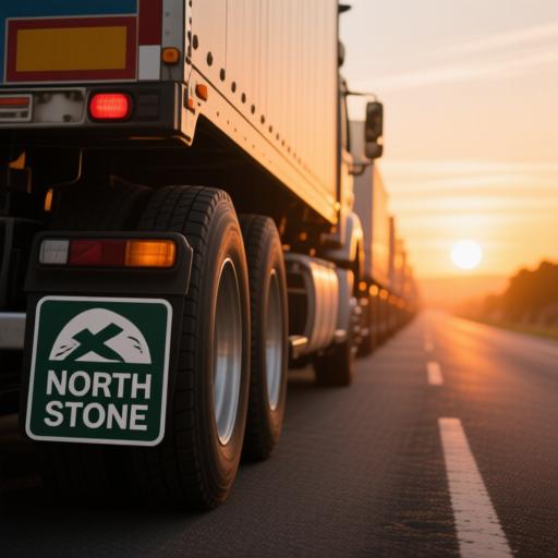 卡车车队驶向日出，轮胎清晰，车尾北石 North Stone 标志突出，象征新旅程