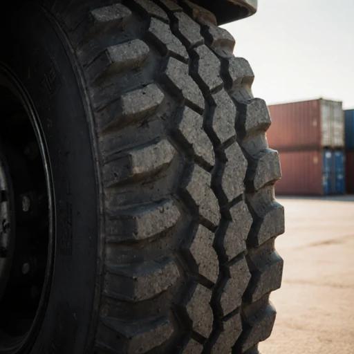 close-up of a heavy-truck tyre with robust tread pattern for heavy-load, logistics container yard background with sunlight