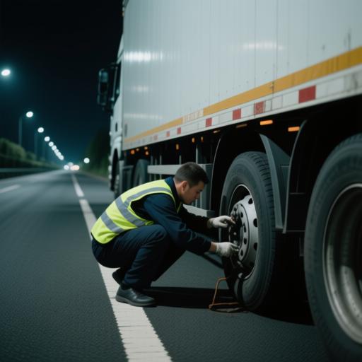 夜晚高速路边，一辆货车停靠，维修人员在检查轮胎状况，反光背心明显
