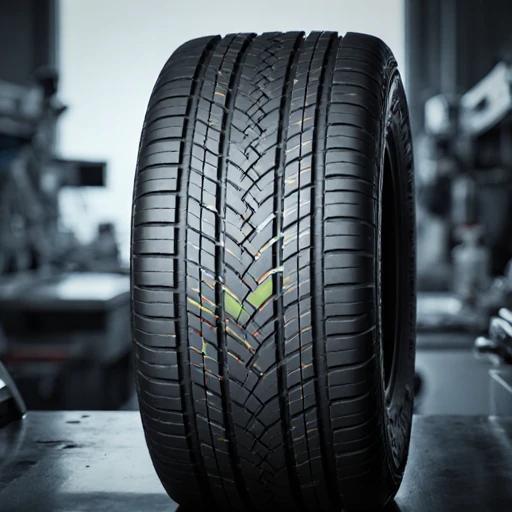 tyre cross-section graphic showing steel cords, rubber compound layers, tread pattern, set in engineering lab environment