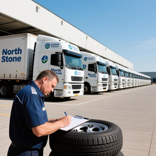大型物流车队停靠在仓库 yard，车队统一贴有 North Stone 標志，司机在签轮胎维护记录本