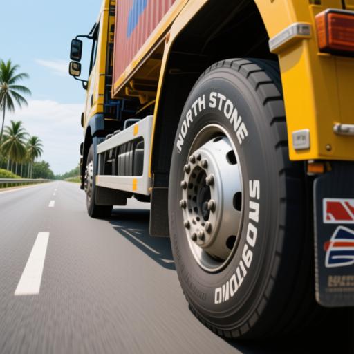 Malaysian-licensed heavy duty truck on tropical expressway, Southeast Asia logistics background, close-up of tyre with North Stone brand visible