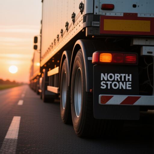 卡车车队驶向日出方向，轮胎清晰可见，车尾 North Stone 标志突出，象征新的旅程