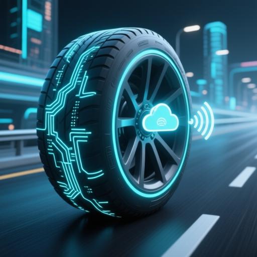 未来主义风格的智能轮胎概念图，轮胎表面有发光的数据流图案，轮胎与云端服务器进行无线数据传输，背景是数字化的高速公路场景。