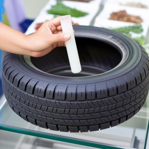 实验室环境中展示蒲公英橡胶提取过程，科研人员手持装有乳白色液体的试管，旁边放置着轮胎剖面样品，背景是各种植物原料展示。