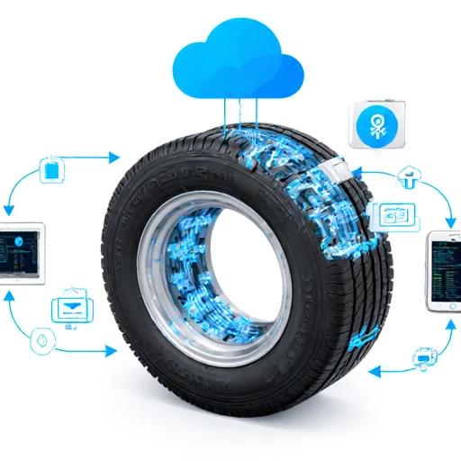 卡车轮胎内部结构剖面图，显示嵌入式传感器和电子元件，数据流从轮胎传输到云端分析平台，移动设备上显示轮胎健康状态界面。