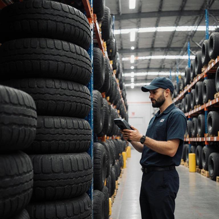 Neatly stacked truck tires in a warehouse, staff using scanning devices to check inventory, background shows busy logistics distribution scene, overall cool tone, highlighting business atmosphere.