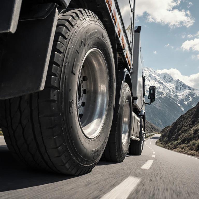 A heavy-duty truck driving on a winding mountain road, tire close-up shows complex tread pattern in close contact with the road surface, background is magnificent natural scenery, highlighting the tire's adaptability in various environments.