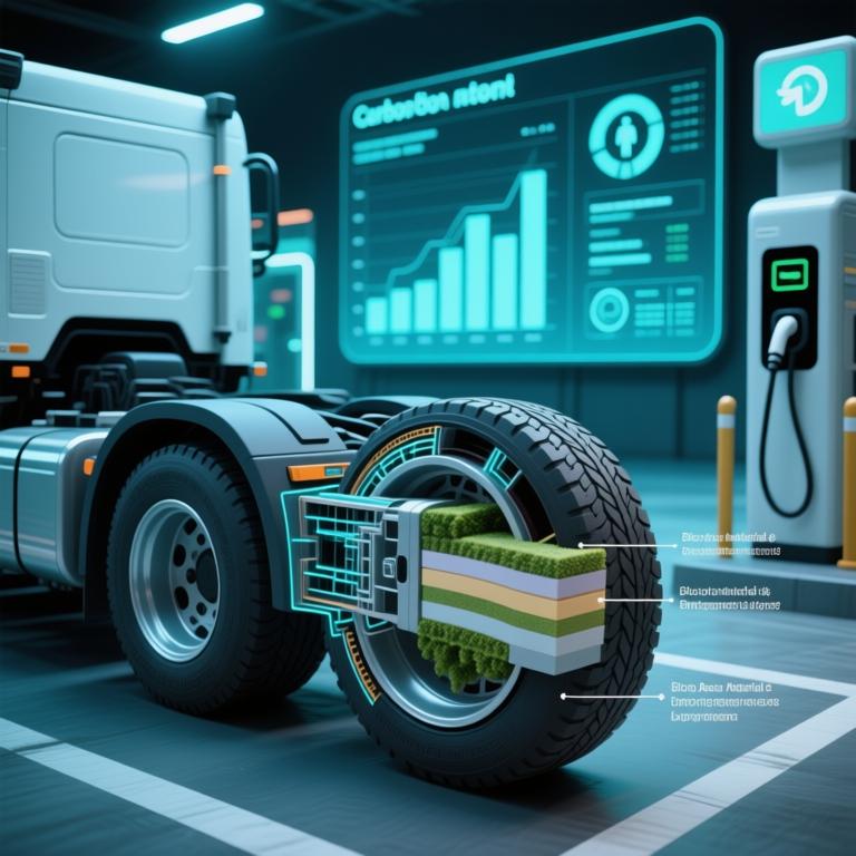 电动卡车轮胎剖面解剖模型，标注生物基材料与增强层结构，背景为充电站与碳足迹统计面板。
