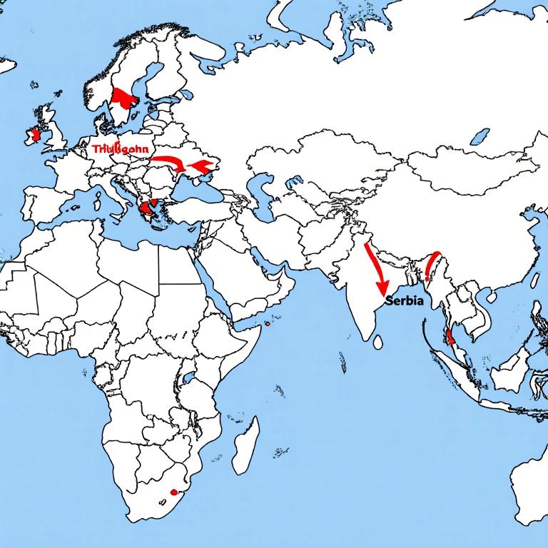 全球地图标记中国轮胎企业的海外工厂分布（越南、泰国、塞尔维亚），箭头示意贸易流向与关税规避路径。