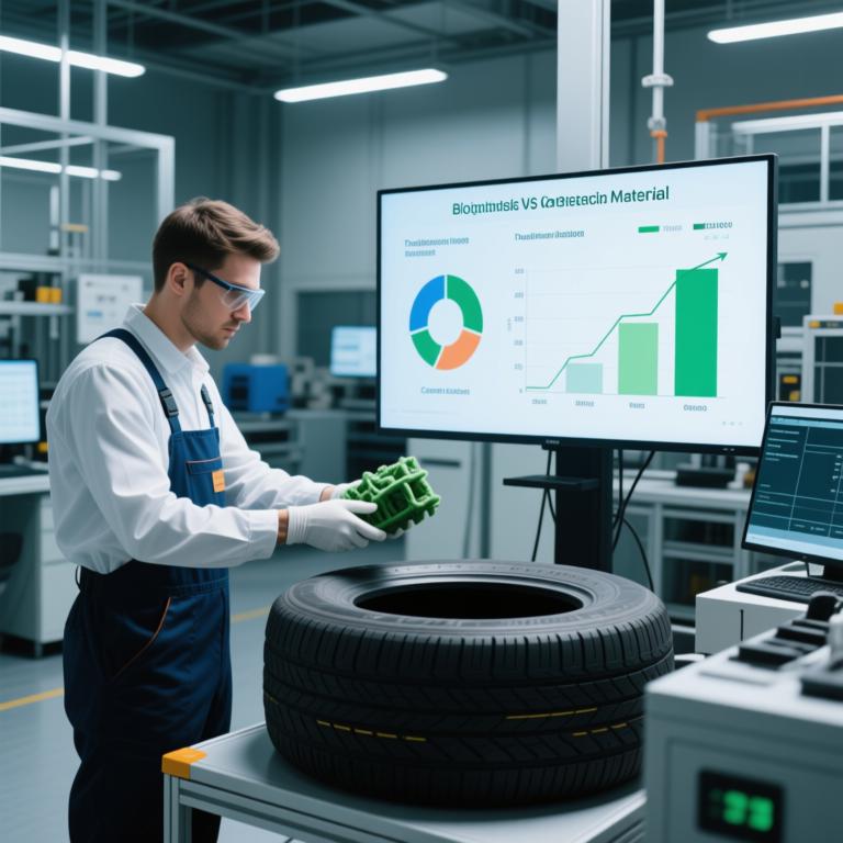 轮胎研发实验室，工程师测试生物基橡胶材料，屏幕显示碳排放对比图表（传统材料VS可再生材料）。
