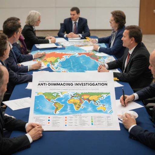 国际会议室长廊，桌上摆放着“反倾销调查”文件，背景是世界地图和关税图表，不同肤色的代表正在讨论，严肃氛围。