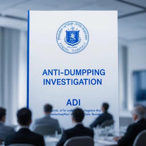 国际贸易文件特写，显示“反倾销调查”标题和公章，背景是模糊的会议室和谈判代表，严肃商务氛围。
