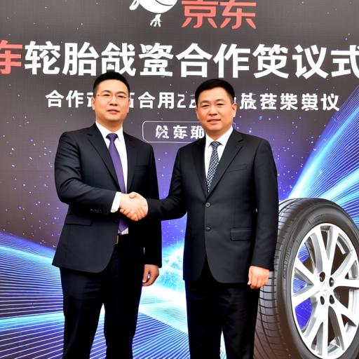 京东与佳通轮胎战略合作签约仪式，双方代表握手留念，背景是合作海报和轮胎产品展示，灯光璀璨。
