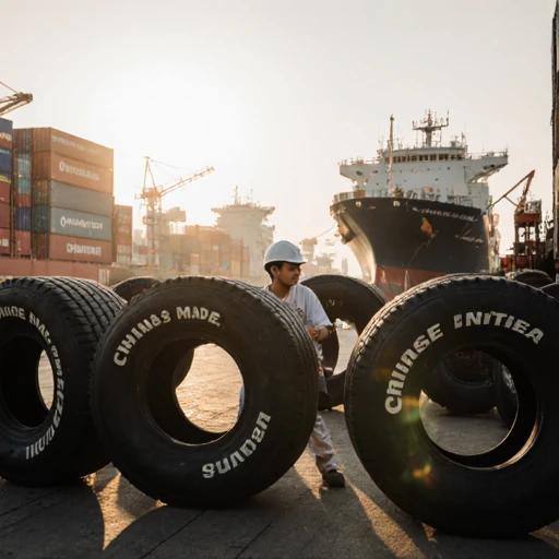 忙碌的港口码头，工人正在装载印有“中国制造”字样的货车轮胎，背景是集装箱和货轮，清晨阳光照射。