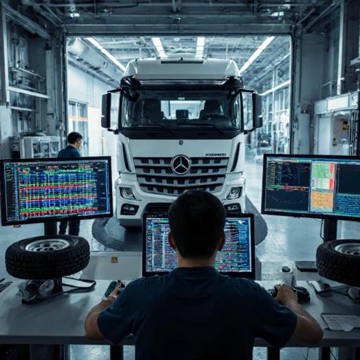 实验室中研发人员正在检测电动卡车轮胎性能，周围是检测设备和数据屏幕，展现高科技研发环境。