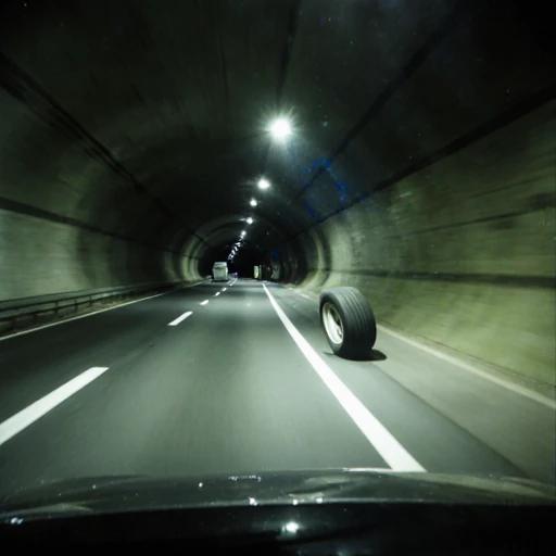高速公路隧道监控视角，一个脱落的轮胎在路面上滚动，后方货车打着双闪，紧张氛围。