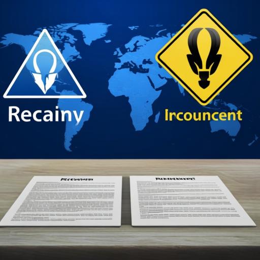 国际贸易文件与轮胎召回公告并列在桌面上，背景是世界地图和危险标志，象征全球贸易与安全监管的复杂性。