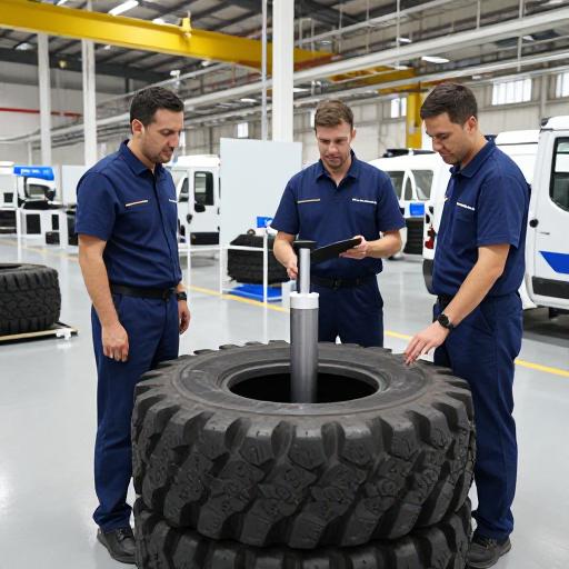 技术人员在现代化工厂中展示新研发的VAN卡专用轮胎截面，突出全合金胎体结构，背景是生产线和测试设备。