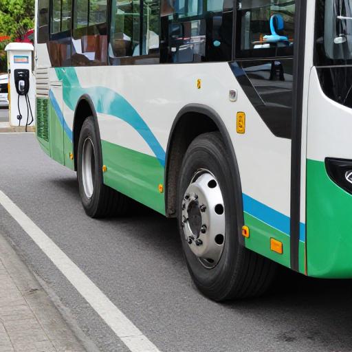 一组电动巴士装配了专用轮胎在城市街道上行驶，突出轮胎与电动车的兼容性，背景是城市景观和充电站。