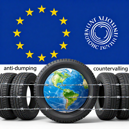 一幅象征性的概念插画。画面中心是一个由轮胎组成的“地球”，但轮胎被一道带有“反倾销”、“反补贴”标签的带刺铁丝网分割。背景是欧盟星旗与欧亚经济联盟标志。风格简约、隐喻性强，色调冷峻。