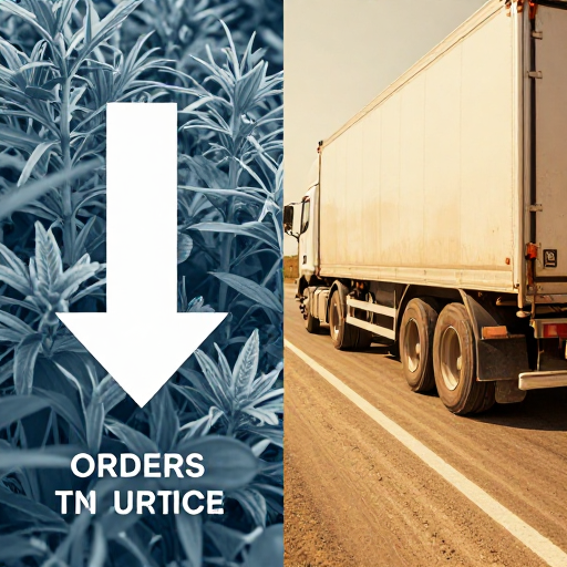 一张信息图表风格的图片，左右对比鲜明。左侧是冷色调的工厂与下降的箭头，象征订单减少与生产放缓；右侧是暖色调的公路上行驶的卡车车队，轮胎特写突出磨损痕迹。风格写实，视觉对比强烈。